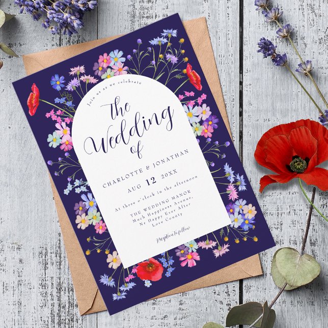 Invitation Mariage bleu de la marine Fleur sauvage Boho (Navy blue wildflower summer wedding invitation with elegant script )