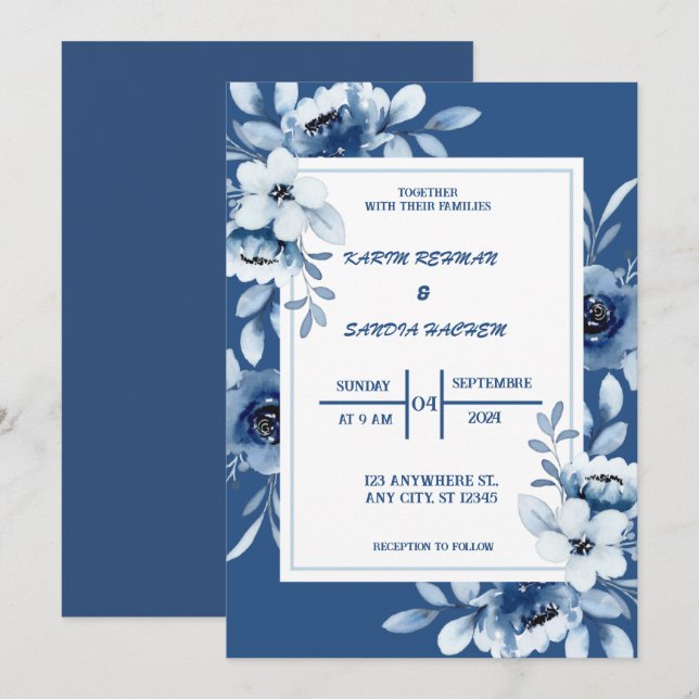 Invitation Mariage bleu de la marine florale (Devant / Derrière)