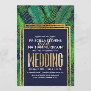 Invitation Mariage bleu de la marine Gold Navy Tropical Palm