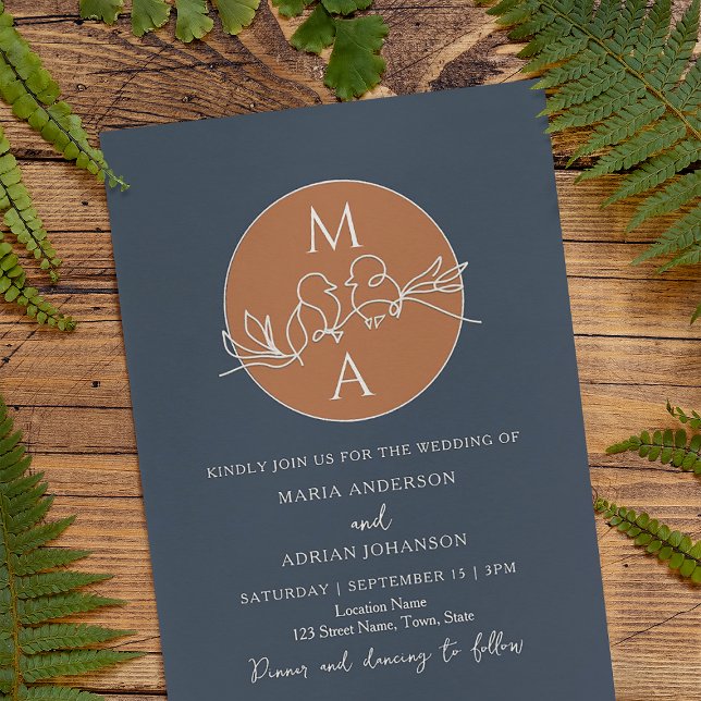 Invitation Mariage bleu de la marine Monogram (Créateur téléchargé)