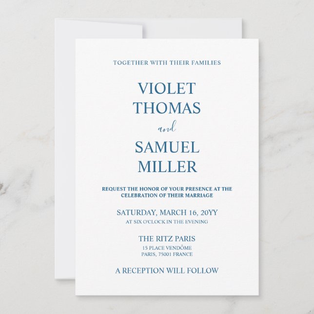 Invitation Mariage bleu de luxe minimaliste  (Devant)