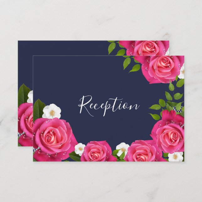 Invitation Mariage Bleu de Minuit et Rose Pâle - Réception (Devant / Derrière)
