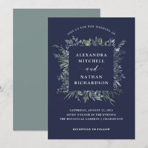 Invitation Mariage bleu de minuit feuillu de l'aquarelle  