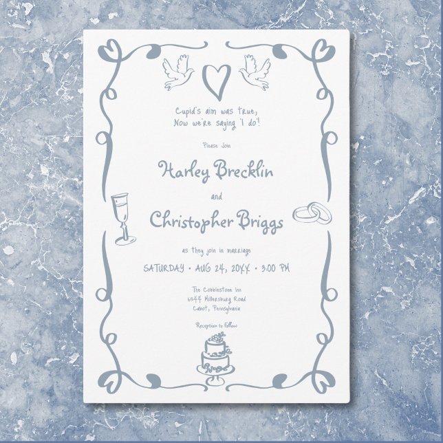 Invitation Mariage bleu Dusty dessiné main rétro Whimsical (Whimsical Retro Hand Drawn Dusty Blue Wedding Invitation)