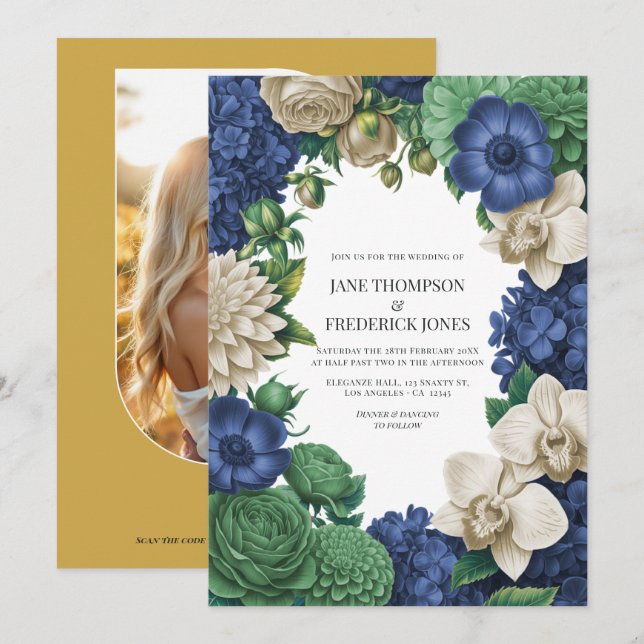 Invitation Mariage Bleu encre, Vert ardoise & Sable d'hiver (Devant / Derrière)