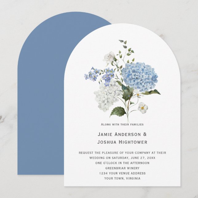 Invitation Mariage bleu et blanc Hydrangea Rose blanche (Devant / Derrière)