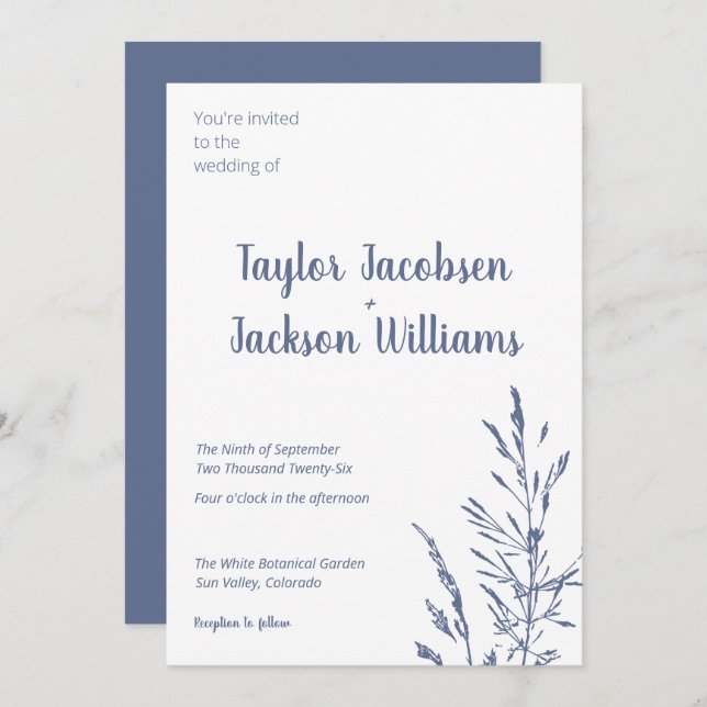 Invitation Mariage bleu et blanc minimaliste (Devant / Derrière)
