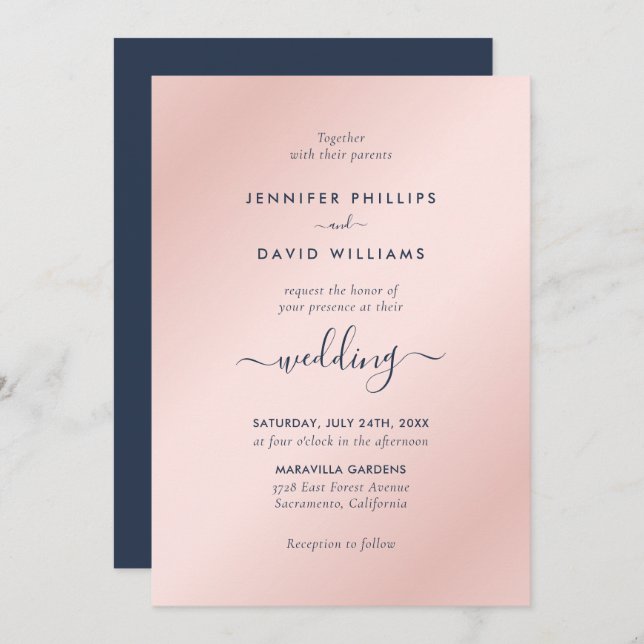 Invitation Mariage bleu et bleu marine moderne (Devant / Derrière)