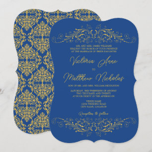 Invitation Mariage Bleu et Faux Gold Flourish Damask