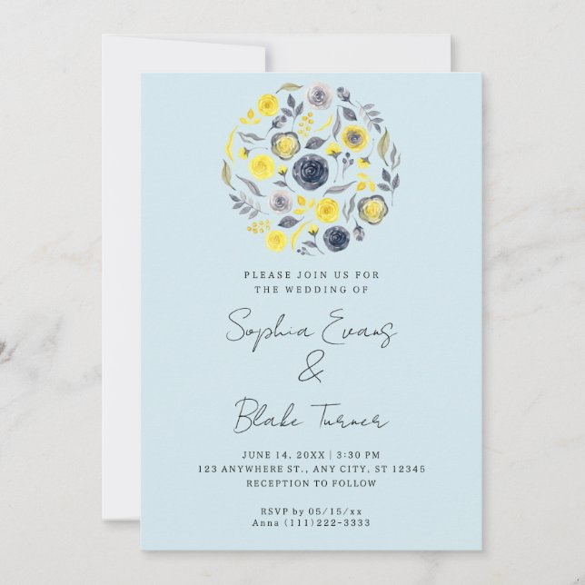 Invitation Mariage bleu et jaune Abstrait (Devant)