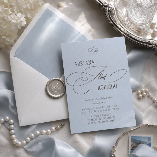 Invitation Mariage bleu et marron Monogram (Créateur téléchargé)