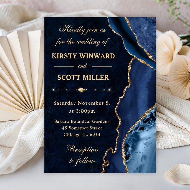 Invitation Mariage bleu et or avec paillettes d'agate et de m (Créateur téléchargé)