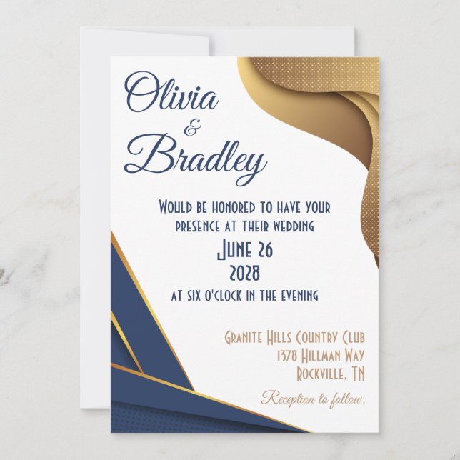 Invitation Mariage bleu et or de la marine (Devant)