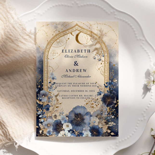 Invitation Mariage bleu et or de minuit céleste (Créateur téléchargé)