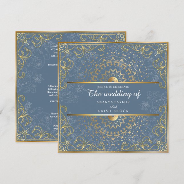 Invitation Mariage bleu et or éblouissant  (Devant / Derrière)