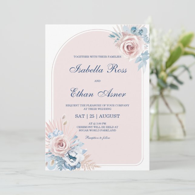 Invitation Mariage bleu et rose pâle (Debout devant)