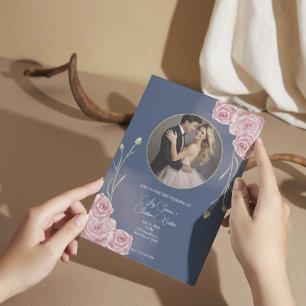 Invitation Mariage bleu et rose pâle de la marine romantique