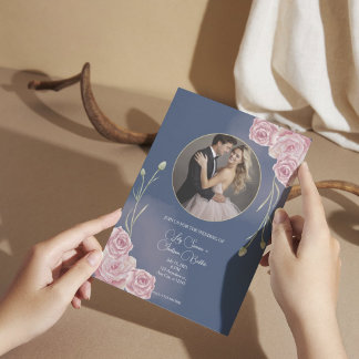 Invitation Mariage bleu et rose pâle de la marine romantique