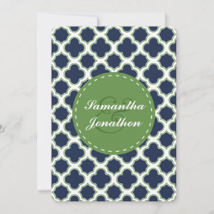 Invitation Mariage bleu et vert de la marine Motif Quatrefoil