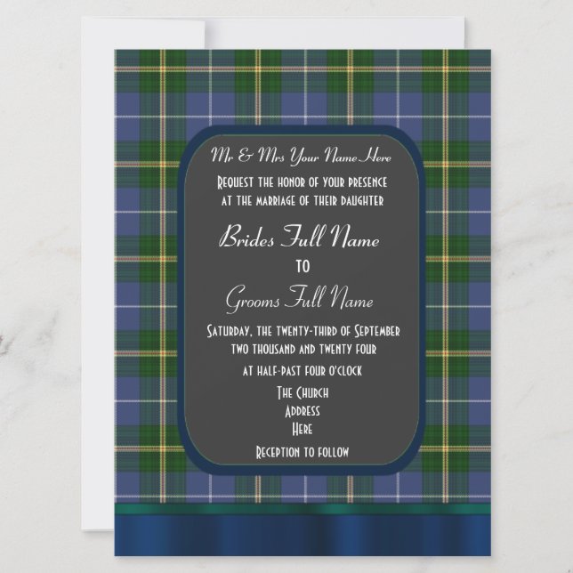 Invitation Mariage bleu et vert tartan plaid (Devant)