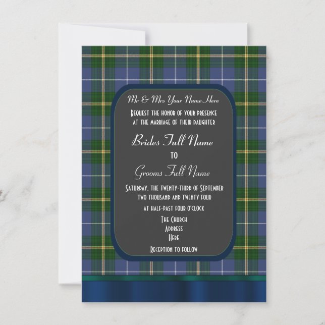 Invitation Mariage bleu et vert tartan plaid (Devant)
