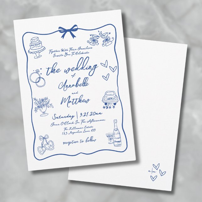 Invitation Mariage Bleu Fantaisiste Dessiné à la Main (Hand Drawn Whimsical Blue Wedding Invitation)