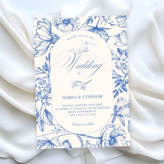 Invitation Mariage bleu floral artistique classique (Créateur téléchargé)