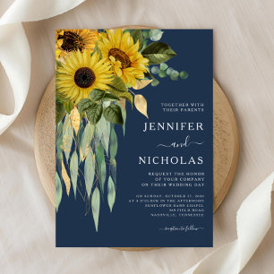 Invitation Mariage bleu floral de la marine tournesol Eucalyp