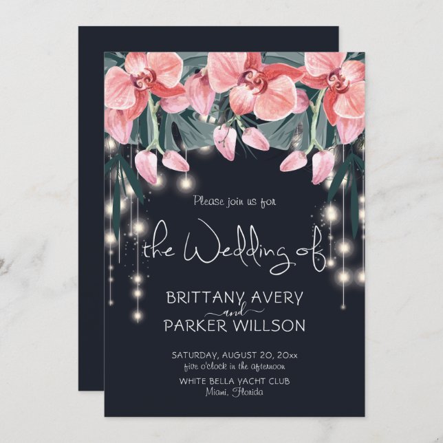 Invitation Mariage bleu floral tropical (Devant / Derrière)