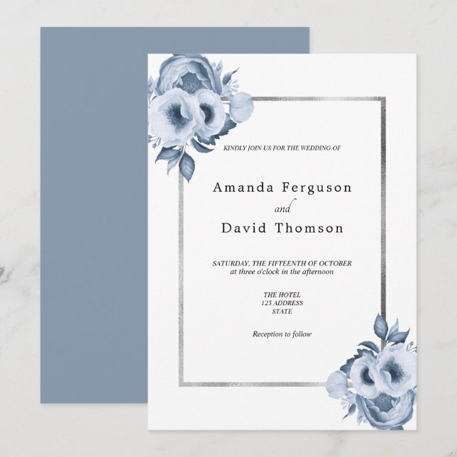 Invitation Mariage bleu foncé argent couleur eau (Devant / Derrière)