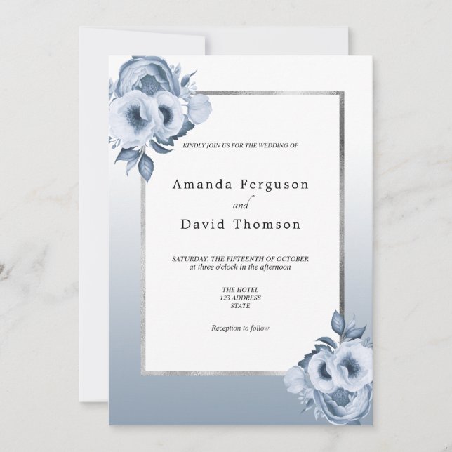 Invitation Mariage bleu foncé argent couleur eau (Devant)
