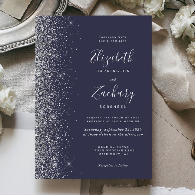 Invitation Mariage Bleu Foncé Bordure Pailletée Fausse Argent (Créateur téléchargé)