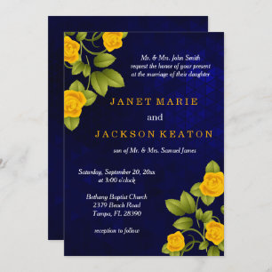 Invitation Mariage bleu foncé et marigold jaune rose