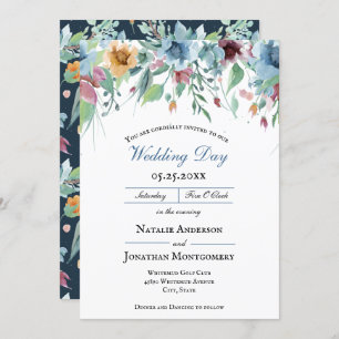 Invitation mariage bleu foncé et romantique