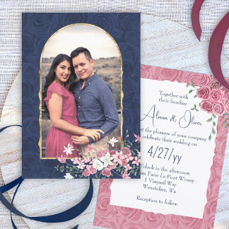 Invitation Mariage Bleu foncé et rose mauve, Arche dorée