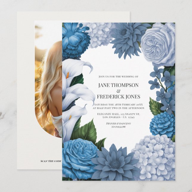 Invitation Mariage Bleu Français, Ardoise de Tempête et Broui (Devant / Derrière)