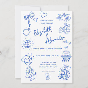 Invitation Mariage bleu français original tiré à la main