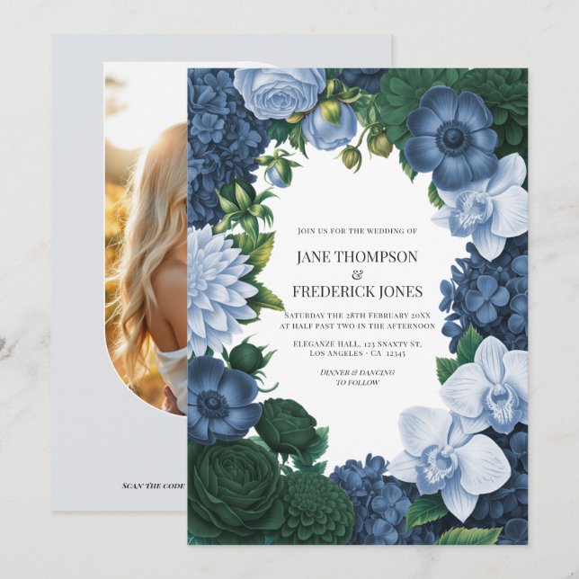 Invitation Mariage Bleu Holstein, Ardoise Argentée et Pin Fum (Devant / Derrière)