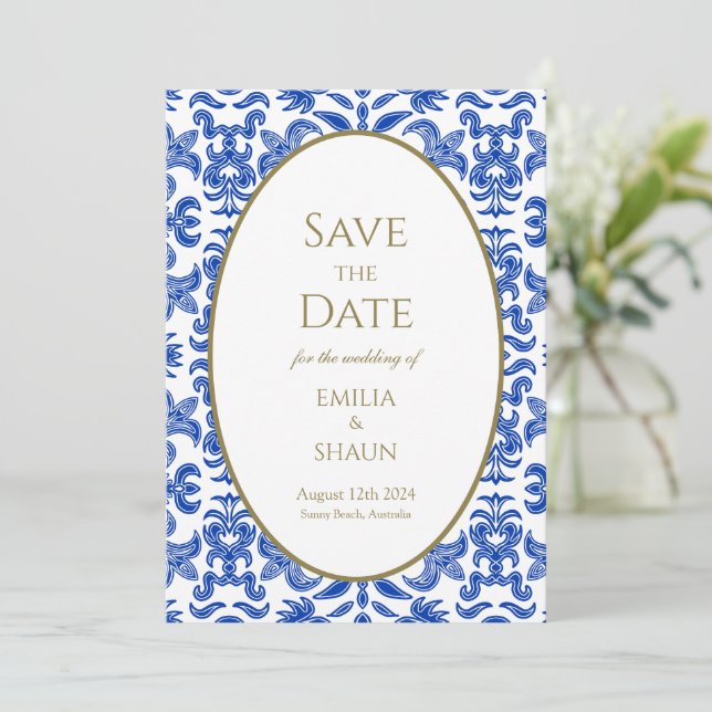 Invitation Mariage bleu italien de style vintage Enregistrer  (Debout devant)