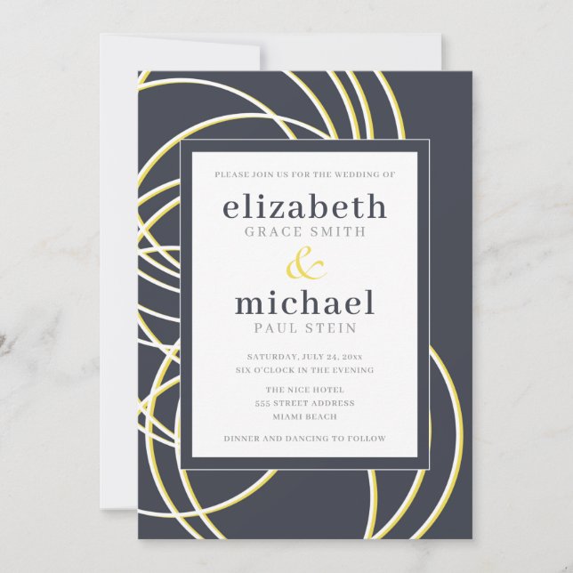 Invitation Mariage bleu jaune et blanc moderne et chic (Devant)