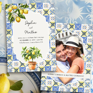 Invitation Mariage bleu jaune inspiré de l'Italie dans un jar