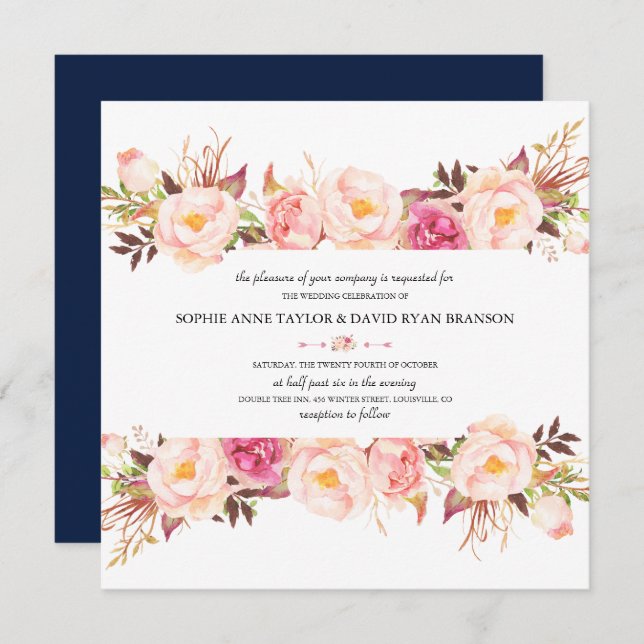 Invitation Mariage bleu marine à cadre rose rustique (Devant / Derrière)