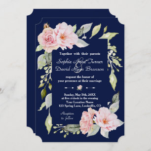 Invitation Mariage bleu marine à fleurs rose pâle