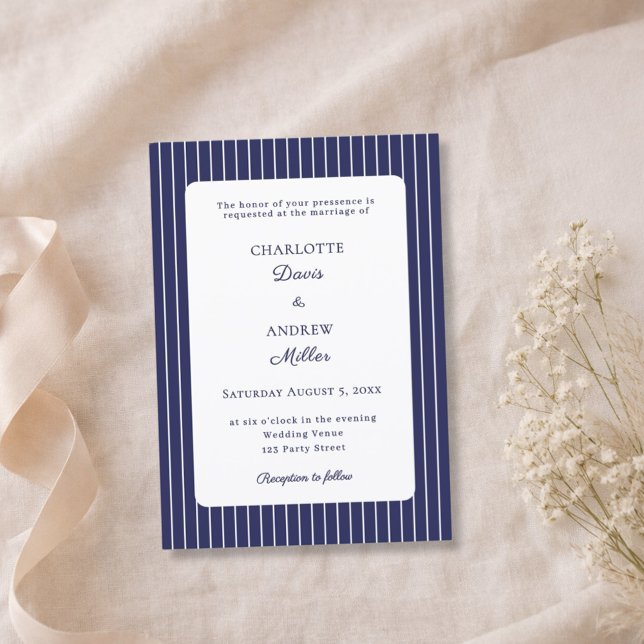Invitation Mariage bleu marine blanc rayé (Créateur téléchargé)