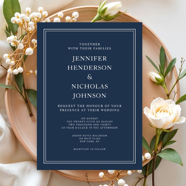 Invitation Mariage bleu marine classique moderne (Modern Elegant Classic Navy Blue Wedding Invitation)