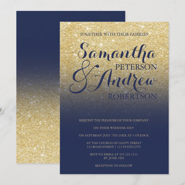 Invitation mariage bleu marine de la parties scintillant de f (Devant / Derrière)