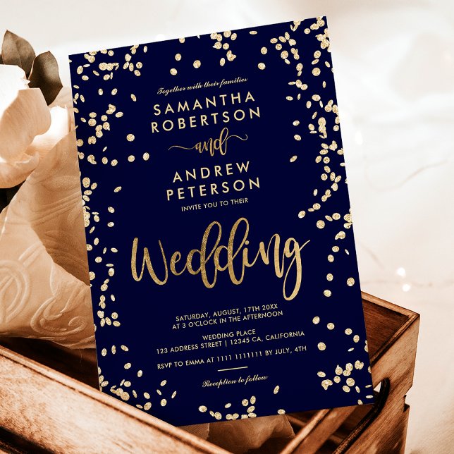Invitation Mariage bleu marine de l'écriture moderne faux or  (Modern script gold foil confetti navy blue wedding invitation)