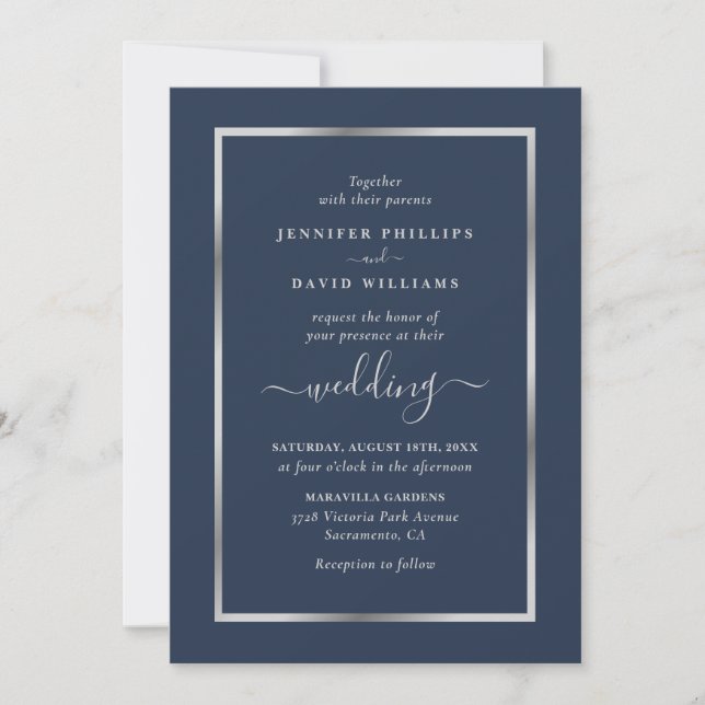 Invitation Mariage bleu marine et argent (Devant)