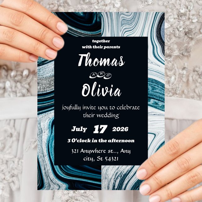 Invitation Mariage bleu marine et blanc avec vagues de marbre (Créateur téléchargé)