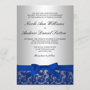 Invitation Mariage bleu marine et dentelle argentée